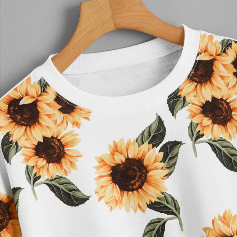 Women Sunflower Printed Round Neck Short Sweatshirt Navel Exposed Sportswear