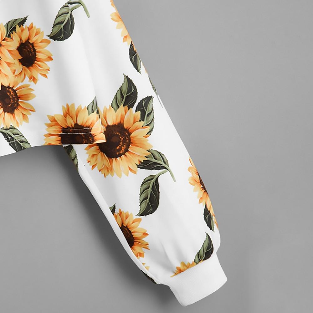 Women Sunflower Printed Round Neck Short Sweatshirt Navel Exposed Sportswear