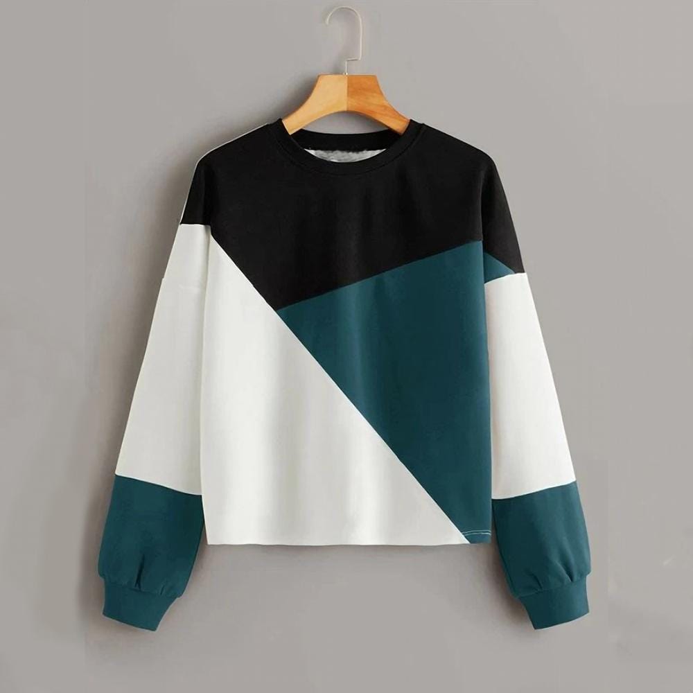 Women New Style Long Sleeve Multi Color Splicing Crew Neck Pullover