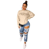 Women Embroidered Letter Solid Color Flannel Warm Fashion Sweatshirt