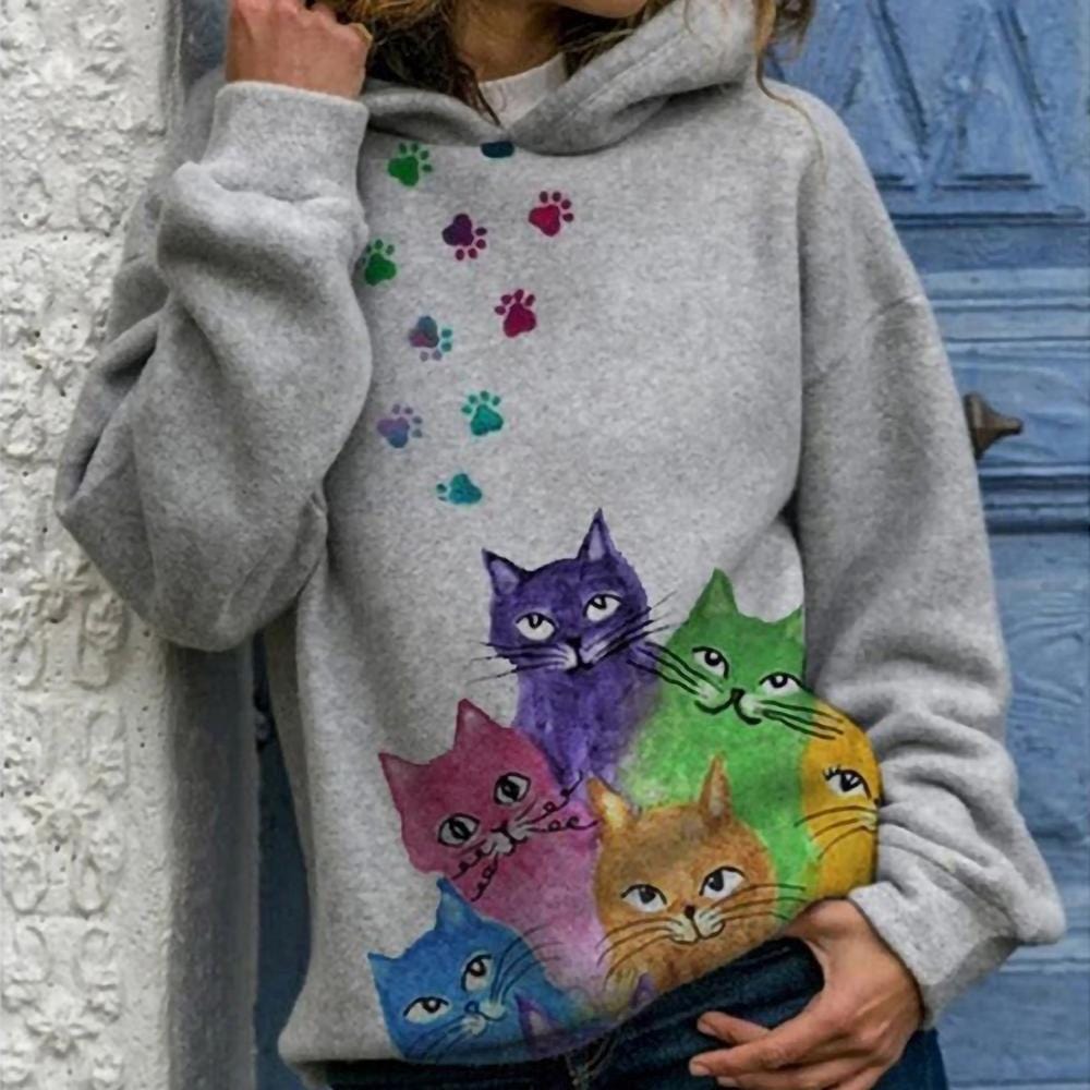 Women's New Autumn Kitten Print Loose Hooded Sweatshirt