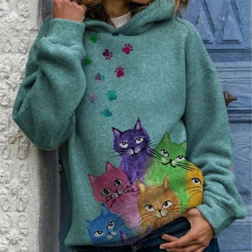 Women's New Autumn Kitten Print Loose Hooded Sweatshirt