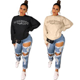 Women Embroidered Letter Solid Color Flannel Warm Fashion Sweatshirt