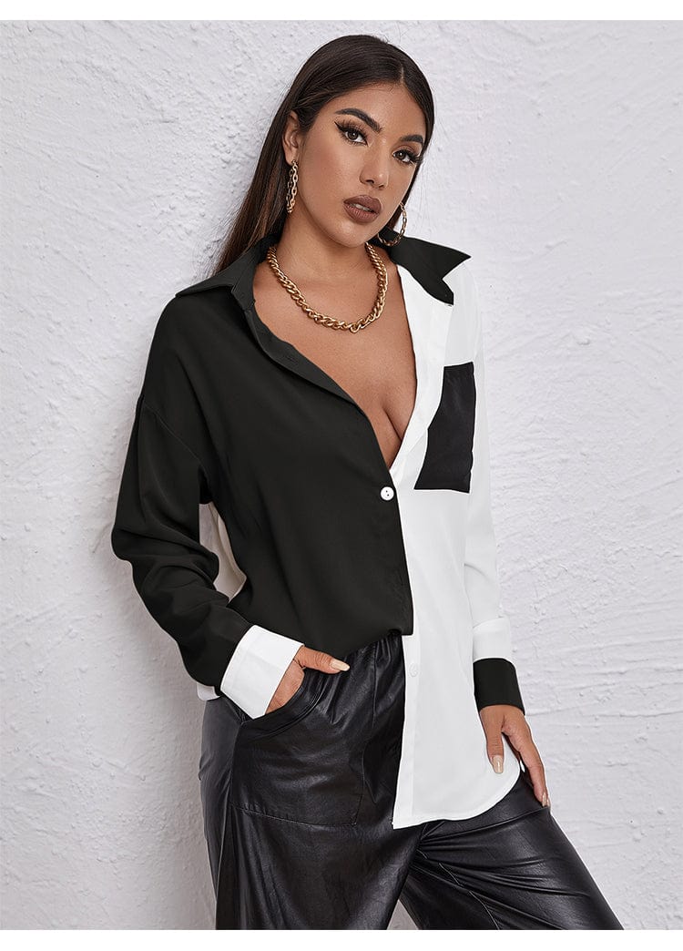 Fall/Winter 2021 new contrast sexy stitching tops Europe and America cross-border foreign trade pocket long-sleeved chiffon shirt