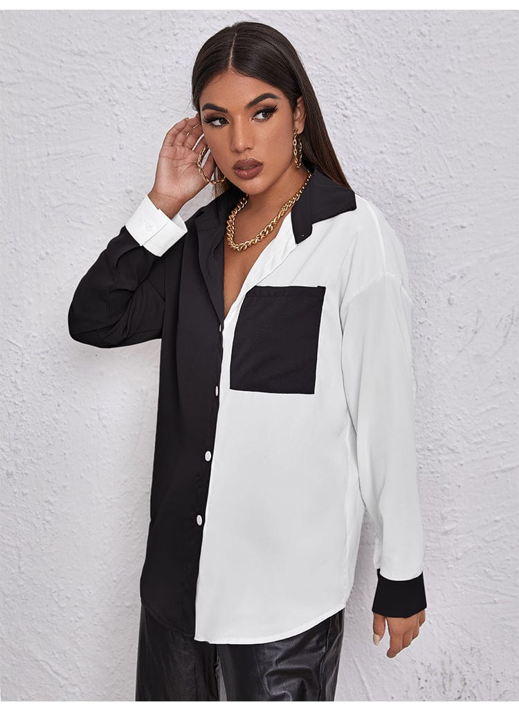 Fall/Winter 2021 new contrast sexy stitching tops Europe and America cross-border foreign trade pocket long-sleeved chiffon shirt