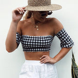 2022 summer new one-word shoulder bandeau T-shirt black and white checkered children's top Amazon AliExpress Europe and the United States wholesale