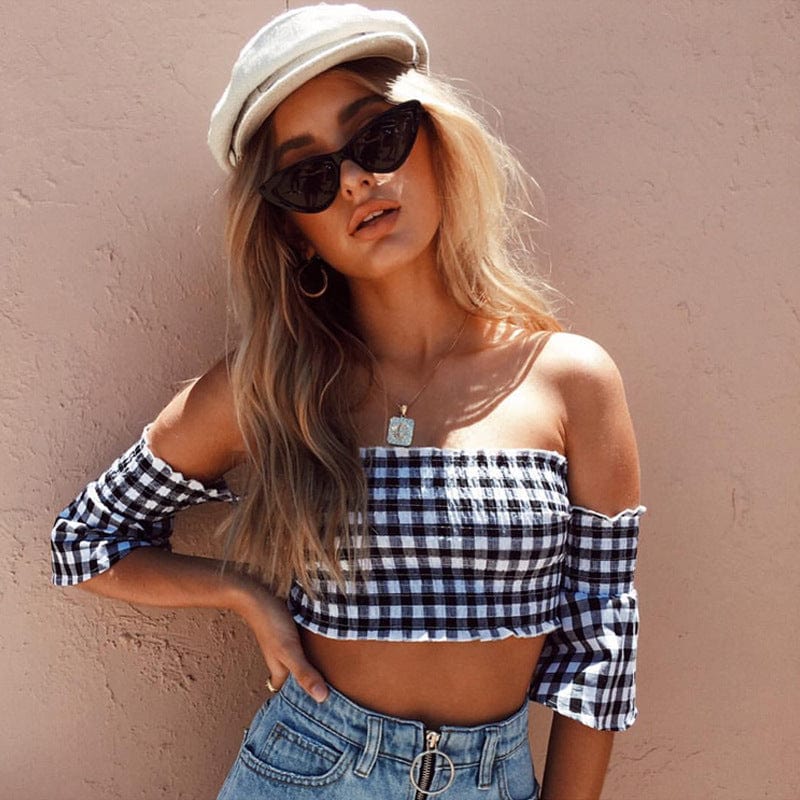 2022 summer new one-word shoulder bandeau T-shirt black and white checkered children's top Amazon AliExpress Europe and the United States wholesale