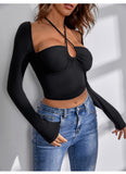2022 European and American sexy long-sleeved cross-lace halter knitted sweater women's slim fit spring and summer tight T-shirt top