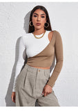 Europe and the United States cross-border with a new sexy short contrast off-the-shoulder T-shirt stitching trim tops women's bottom long-sleeved T-shirts