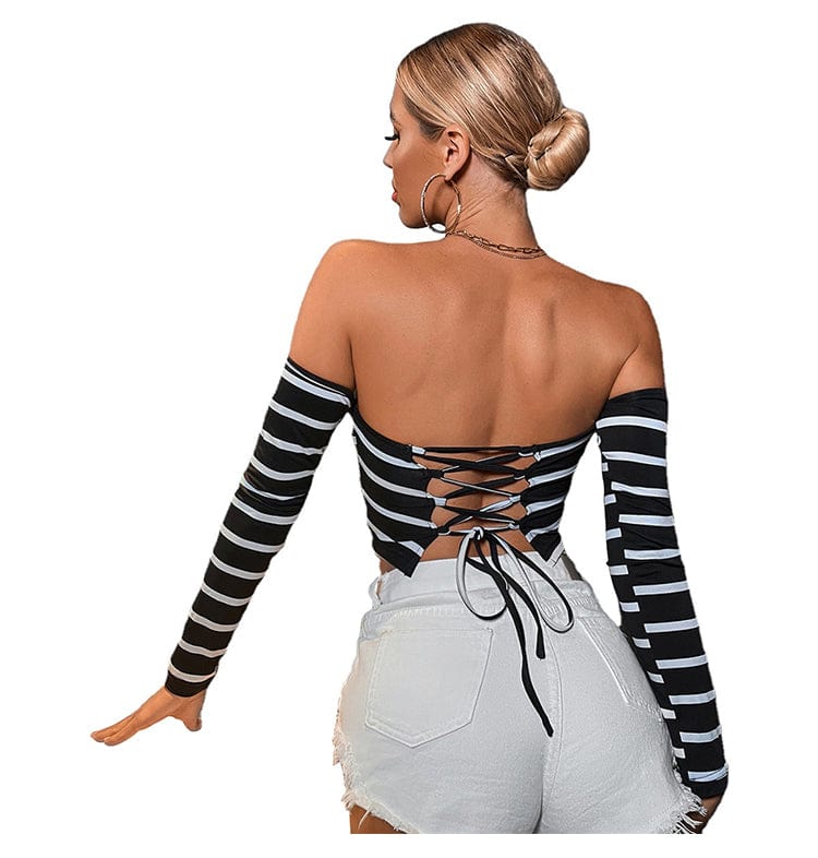 2022 backless straps striped long sleeves small tank top black and white striped sexy slim one-neck pull over bra T-shirt