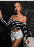 2022 backless straps striped long sleeves small tank top black and white striped sexy slim one-neck pull over bra T-shirt