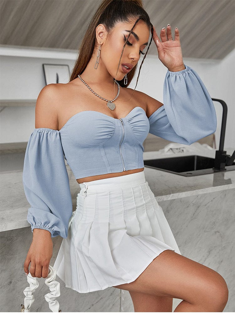 European and American cross-border women's clothing navel off shoulder elastic mouth long sleeves front opening zipper tube top short stitching sexy vest