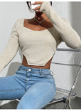 2022 spring and summer European and American cross-border top women's hollow tight sexy slit knitted sweater short wide collar long sleeve T-shirt