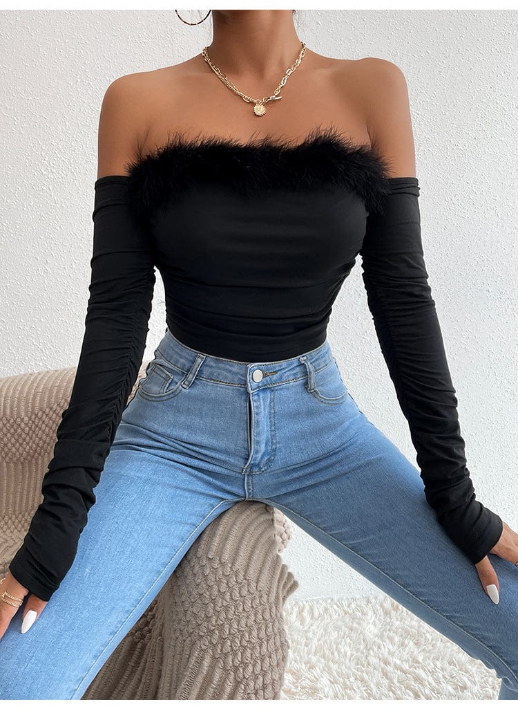 European and American cross-border women's summer retro fur-collar tube top long-sleeved top one word neck open back one word open shoulder top