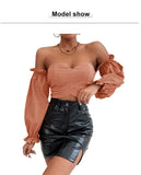 European and American women's one-shoulder bandeau puff sleeves cropcord slim T-shirt irregular long sleeves sexy short tops for women