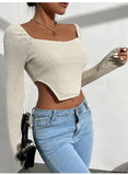 2022 spring and summer European and American cross-border top women's hollow tight sexy slit knitted sweater short wide collar long sleeve T-shirt