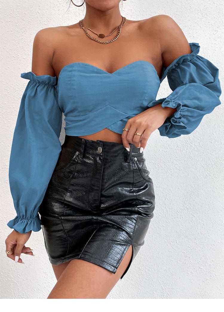 European and American women's one-shoulder bandeau puff sleeves cropcord slim T-shirt irregular long sleeves sexy short tops for women