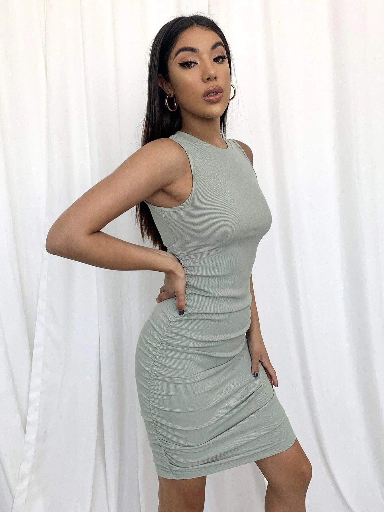 2022 European and American women's vest dress mint green slim sexy knitted skirt solid color pleated sleeveless dress