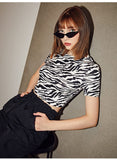 European and American sexy fashion zebra print T-shirt women's short slim short sleeve black and white striped print top