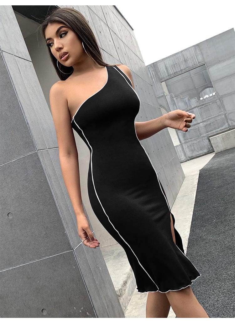 Sexy black slanted shoulder dress slit slanted shoulder bag hip skirt slim fit and slim backless dress