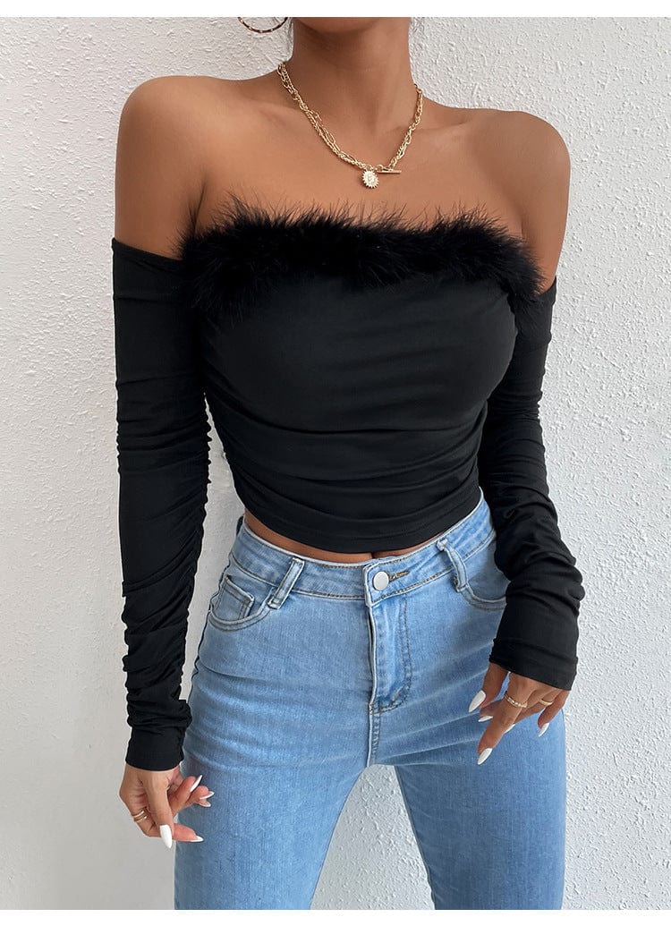 European and American cross-border women's summer retro fur-collar tube top long-sleeved top one word neck open back one word open shoulder top