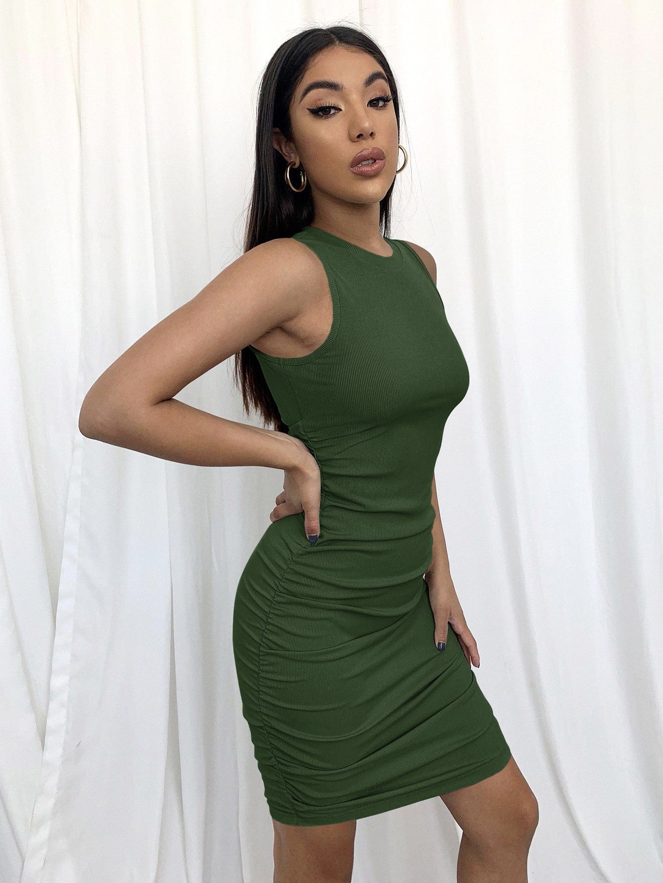 2022 European and American women's vest dress mint green slim sexy knitted skirt solid color pleated sleeveless dress