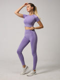2 PCS Set Seamless Yoga Set Women Workout Gym Clothes Fitness Short Sleeve Crop Top Shirt High Waist Leggings Pants Sports Suits