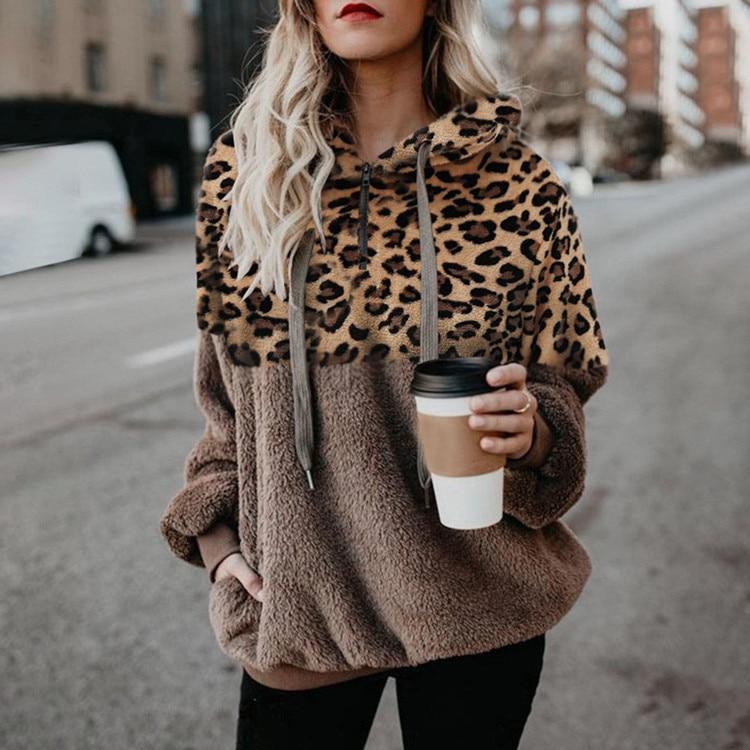 Casual Loose Plush Leopard Patchwork Hoodies Women Zipper Tops Long Sleeve Drawstring Hooded Warm Sweatshirt With Pockets