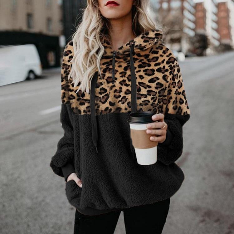 Casual Loose Plush Leopard Patchwork Hoodies Women Zipper Tops Long Sleeve Drawstring Hooded Warm Sweatshirt With Pockets