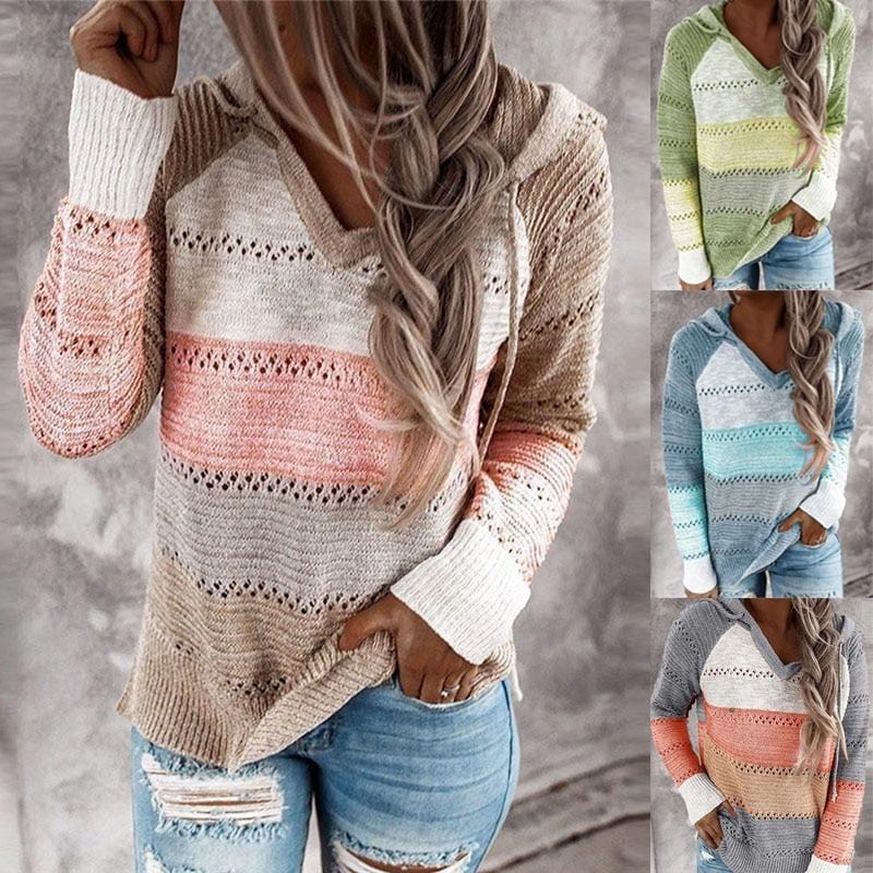 Women Knitted Hoodies Striped Hooded Sweatshirt Casual Patchwork V-Neck Long Sleeve Plus Size Female Hoody Pullover Tops