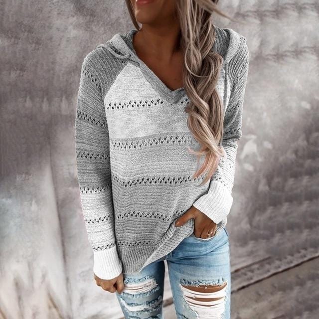 Women Knitted Hoodies Striped Hooded Sweatshirt Casual Patchwork V-Neck Long Sleeve Plus Size Female Hoody Pullover Tops