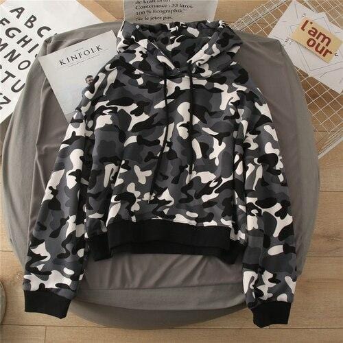 Autumn Winter Casual Camouflage Printing Short Sweatshirts Women Loose Pullover Cotton Hoodie Long Sleeve Plus Velvet Thick Coat
